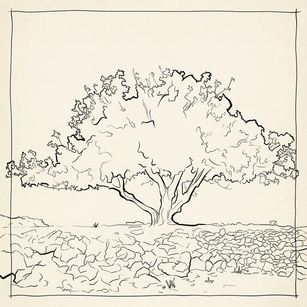 Freehand fountain-pen illustration of an enduring fig tree behind a stone wall on warm sepia parchment